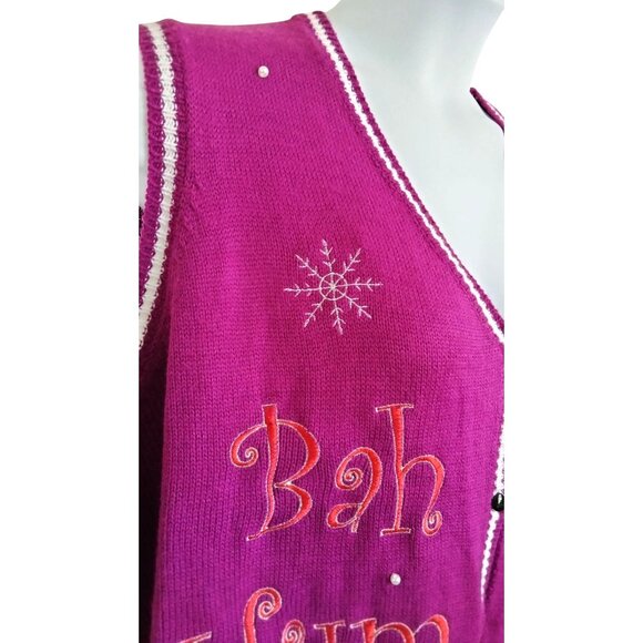 Bah Hum Bug Size 2X Knit Sweater Vest Ugly Christmas Embroidered Snowflakes - Picture 4 of 12